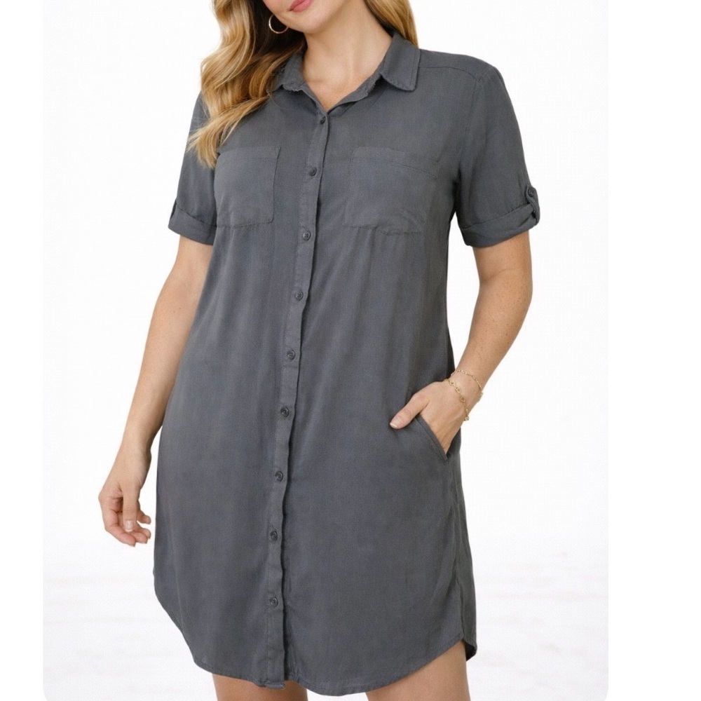 LuLu's shirt dress steel gray short sleeve button up tunic above kneeSZ XS soft